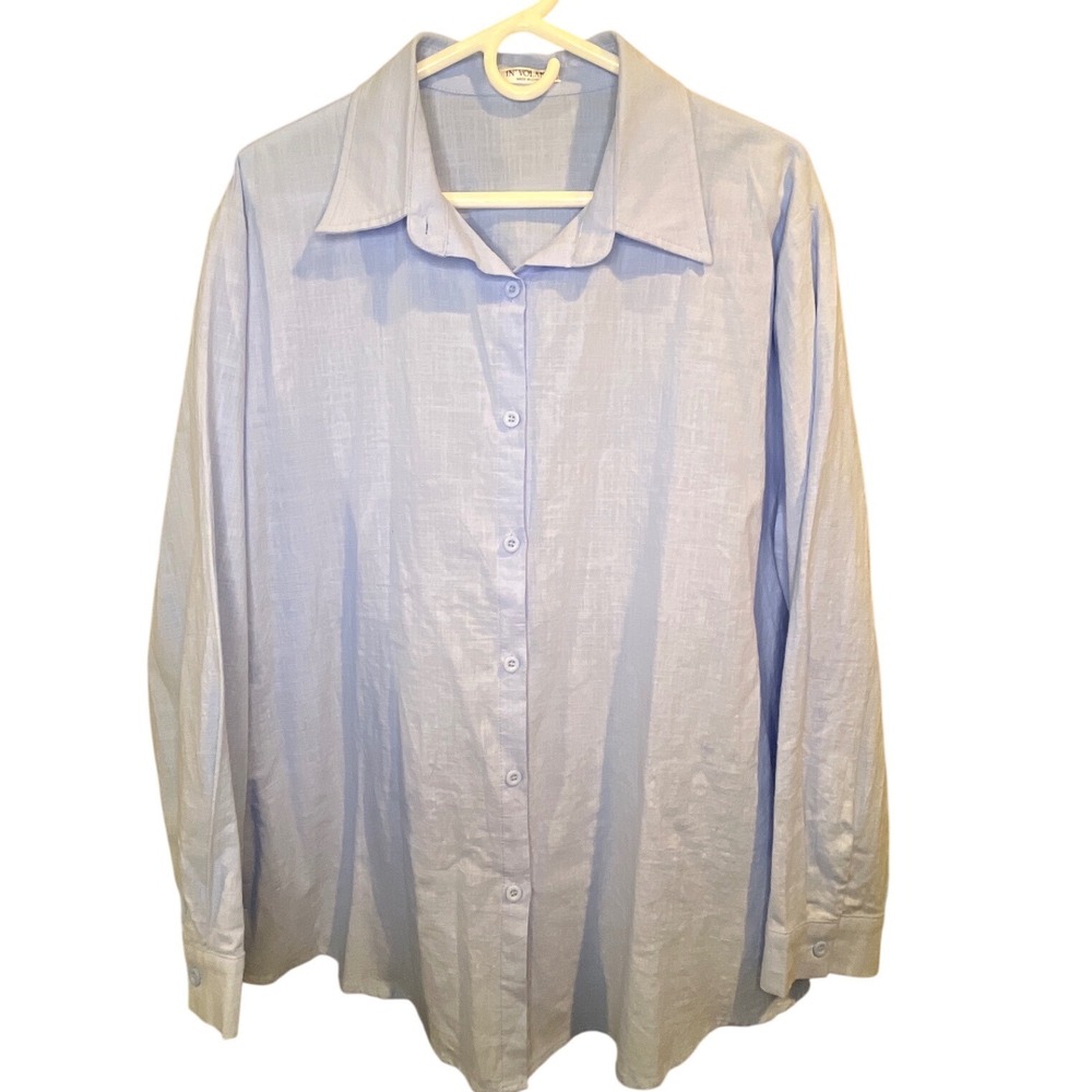In'Voland Women 20W Light Blue 100% Cotton Button Down Long Sleeve Shirt